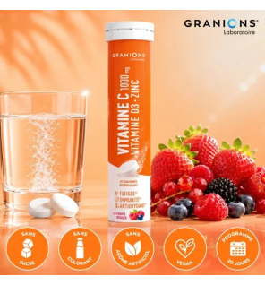 Granions – Vitamine C 1000 mg + Vitamine D3 + Zinc goût fruits rouges, 20 comprimés effervescents