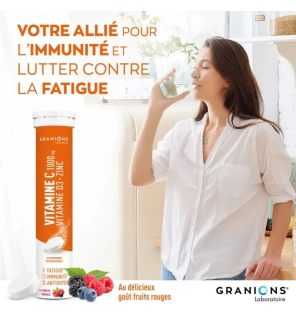 Granions – Vitamine C 1000 mg + Vitamine D3 + Zinc goût fruits rouges, 20 comprimés effervescents