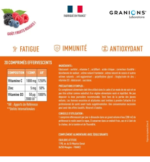 Granions – Vitamine C 1000 mg + Vitamine D3 + Zinc goût fruits rouges, 20 comprimés effervescents