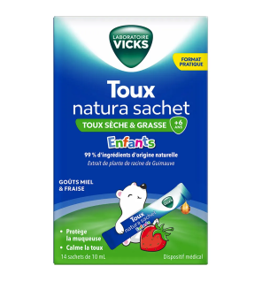 Vicks – Toux Natura Enfants Sirop contre la toux sèche et grasse, 14 sachets de 10 ml