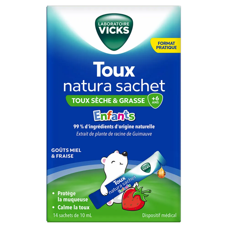 Vicks – Toux Natura Enfants Sirop contre la toux sèche et grasse, 14 sachets de 10 ml