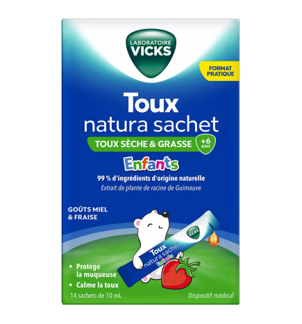 Vicks – Toux Natura Enfants Sirop contre la toux sèche et grasse, 14 sachets de 10 ml