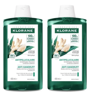 Klorane – Shampoing traitant et rééquilibrant antipelliculaire au Galanga, 2x400 ml