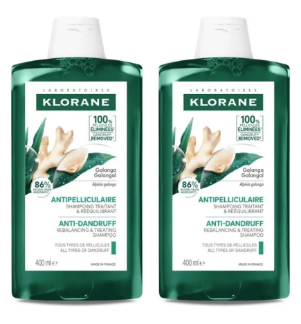 Klorane – Shampoing traitant et rééquilibrant antipelliculaire au Galanga, 2x400 ml