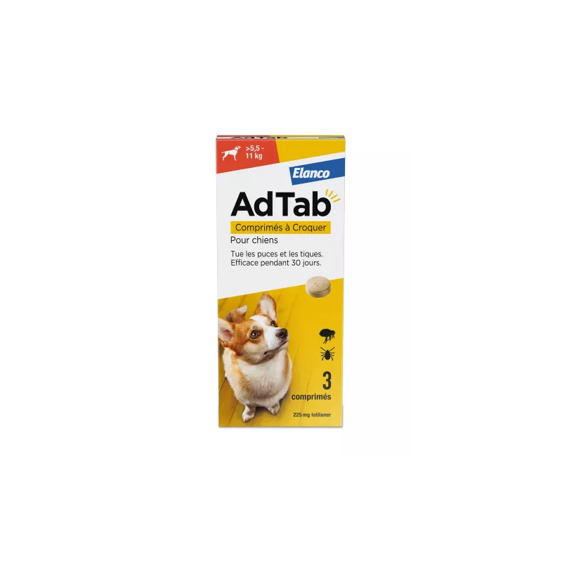 Elanco – AdTab 225 mg Chien 5,5–11 kg, 3 comprimés Elanco – AdTab 225 mg Chien 5,5–11 kg, 3 comprimés
