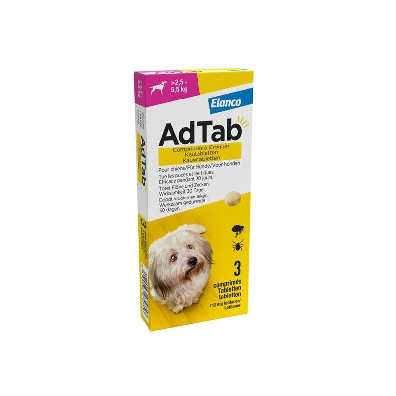 Elanco – AdTab 112 mg Chien 2,5–5,5 kg, 3 Comprimés Elanco – AdTab 112 mg Chien 2,5–5,5 kg, 3 Comprimés