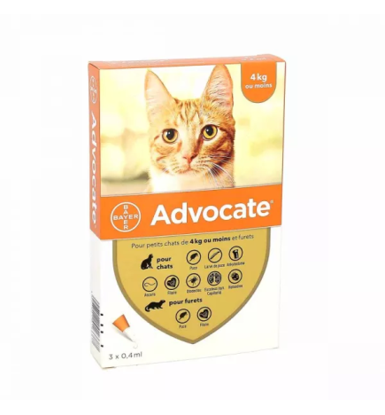 Advocate – Chat petit 0 à 4kg, spot-on solution 0,4 ml, 3 pipettes