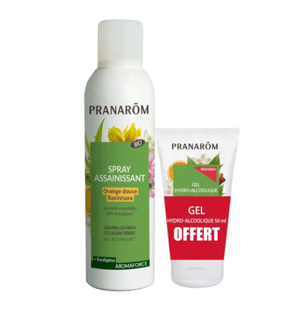 Pranarôm – Spray Assainissant Orange Douce & Ravintsara Bio + Gel Hydro, 150 ml + 50 ml