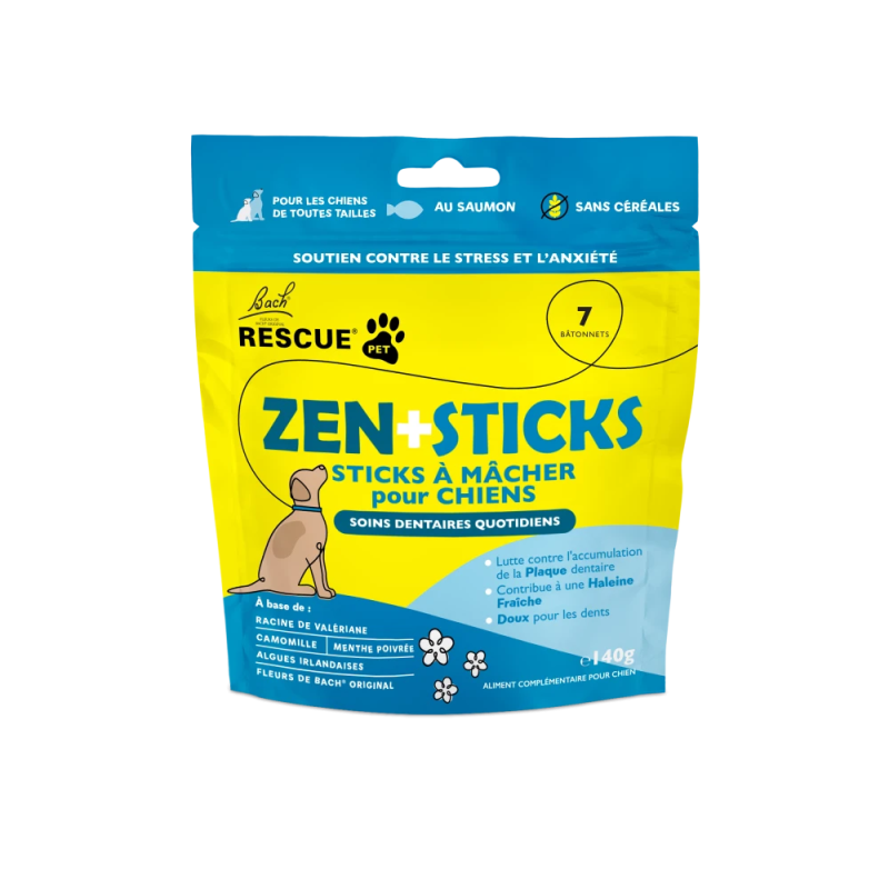 Rescue– Pets Zen+Sticks à mâcher pour chiens au saumon, 7 bâtonnets (140 g) Rescue– Pets Zen+Sticks à mâcher pour chiens au saumon, 7 bâtonnets (140 g)