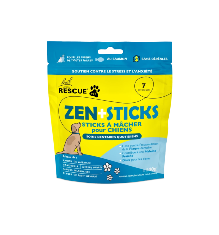 Rescue– Pets Zen+Sticks à mâcher pour chiens au saumon, 7 bâtonnets (140 g)