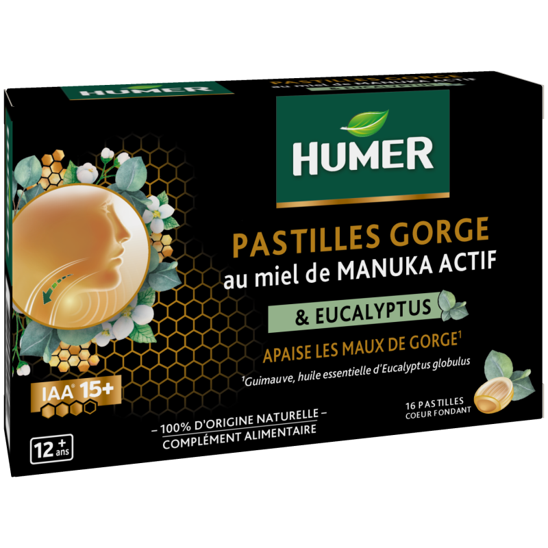 Humer – Pastilles Gorge Miel de Manuka IAA® 15+ & Eucalyptus, 52,8 g Humer – Pastilles Gorge Miel de Manuka IAA® 15+ & Eucalyptus, 52,8 g