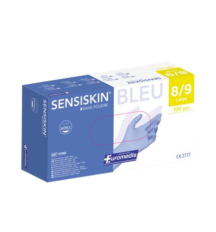 Euromedis – Gants d’examen Sensiskin nitrile bleu, taille L (8/9), boîte de 100