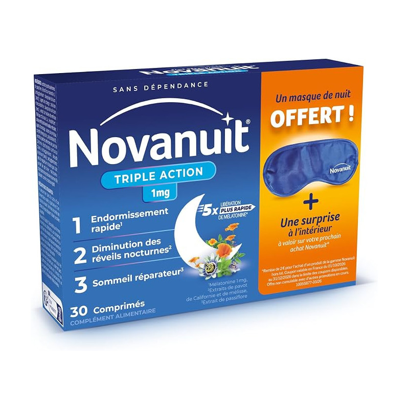 Novanuit – Triple Action, 30 comprimés + 1 masque de nuit offert Novanuit – Triple Action, 30 comprimés + 1 masque de nuit offert