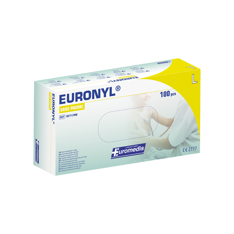 Euromedis – Gants d’examen Euronyl en vinyle sans poudre, taille 8/9 Large, boîte de 100 Euromedis – Gants d’examen Euronyl en vinyle sans poudre, taille 8/9 Large, boîte de 100