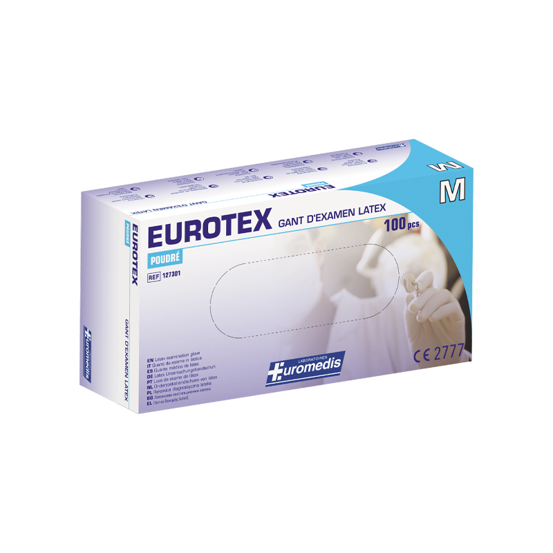 Euromedis – Gants d’examen Eurotex en latex sans poudre, taille 7/8 Medium, boîte de 100 Euromedis – Gants d’examen Eurotex en latex sans poudre, taille 7/8 Medium, boîte de 100