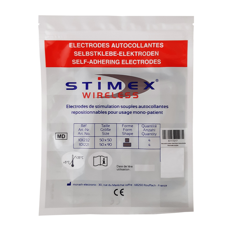 Stimex – Électrodes Wireless carrées autocollantes, 50 × 50 mm, sachet de 4 Stimex – Électrodes Wireless carrées autocollantes, 50 × 50 mm, sachet de 4