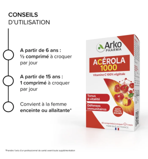Arkopharma – Azinc Végétal Acérola 1000, 30 comprimés