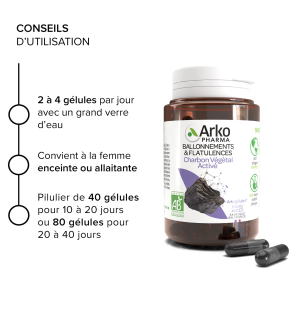 Arkopharma – Arkogélules Bio Charbon Végétal Activé, 80 gélules