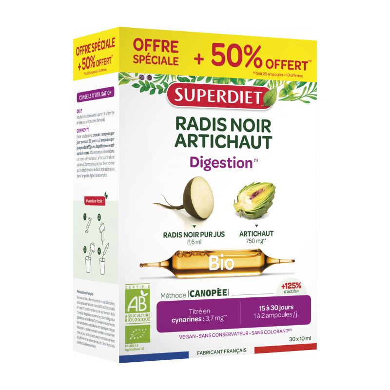 Superdiet – Radis Noir Artichaut Bio Digestion, 20 + 10 ampoules offertes Superdiet – Radis Noir Artichaut Bio Digestion, 20 + 10 ampoules offertes