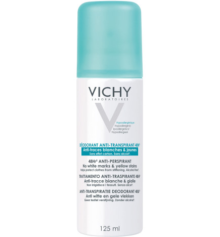 Vichy – Déodorant aérosol anti-transpirant 48 h anti-traces jaunes et blanches sans effet carton, 125 ml