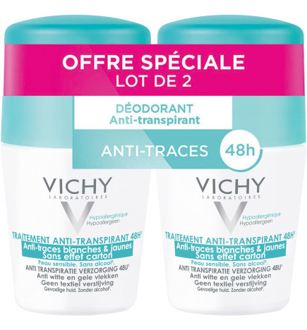 Vichy – Déodorant bille anti-transpirant 48 h anti-traces sans effet carton, 2 × 50 ml