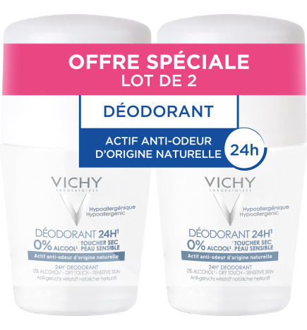Vichy – Déodorant 24 h actif anti-odeur d’origine naturelle toucher sec roll-on, 2 × 50 ml